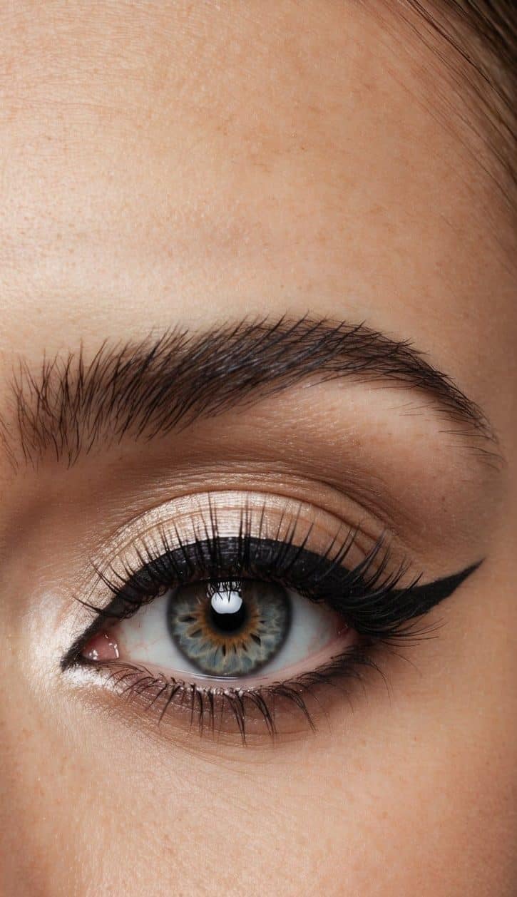 A close-up of a sophisticated eye with polished makeup design, featuring sleek lines and elegant details