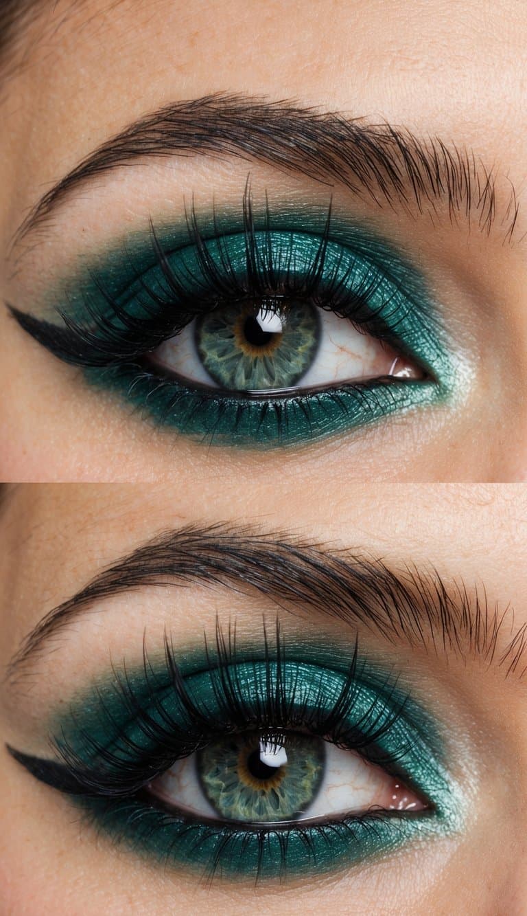 A close-up of a pair of eyes with emerald green eyeshadow, subtle eyeliner, and long, curled lashes