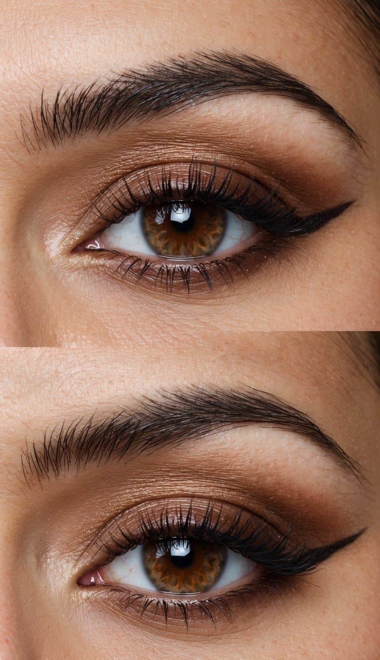 A close-up of a pair of eyes with maple wood brown eyeshadow and polished makeup design