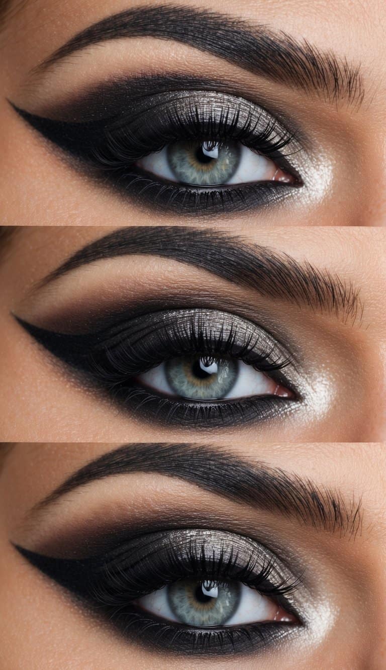 A close-up of a sophisticated and polished eye makeup design with a smoky and whirl effect