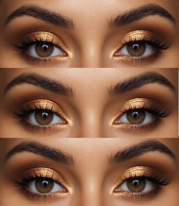 Close-up of a metallic gold smokey eye makeup with a soft brown blended crease and voluminous lashes.