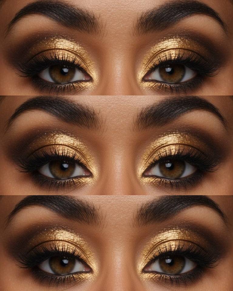 Zoomed-in view of an eye featuring gleaming gold eyeshadow on the lids, softly diffused brown smoky shading around the edges for a versatile day-to-night look.