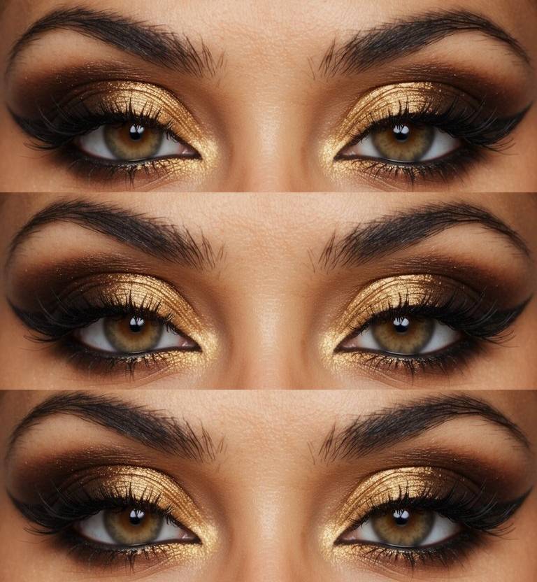 A luxurious gold smokey eye makeup look with a sultry and sophisticated vibe