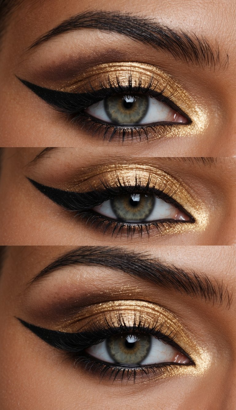 A close-up of a sultry and sophisticated gold smokey eye makeup look with a classic and timeless feel
