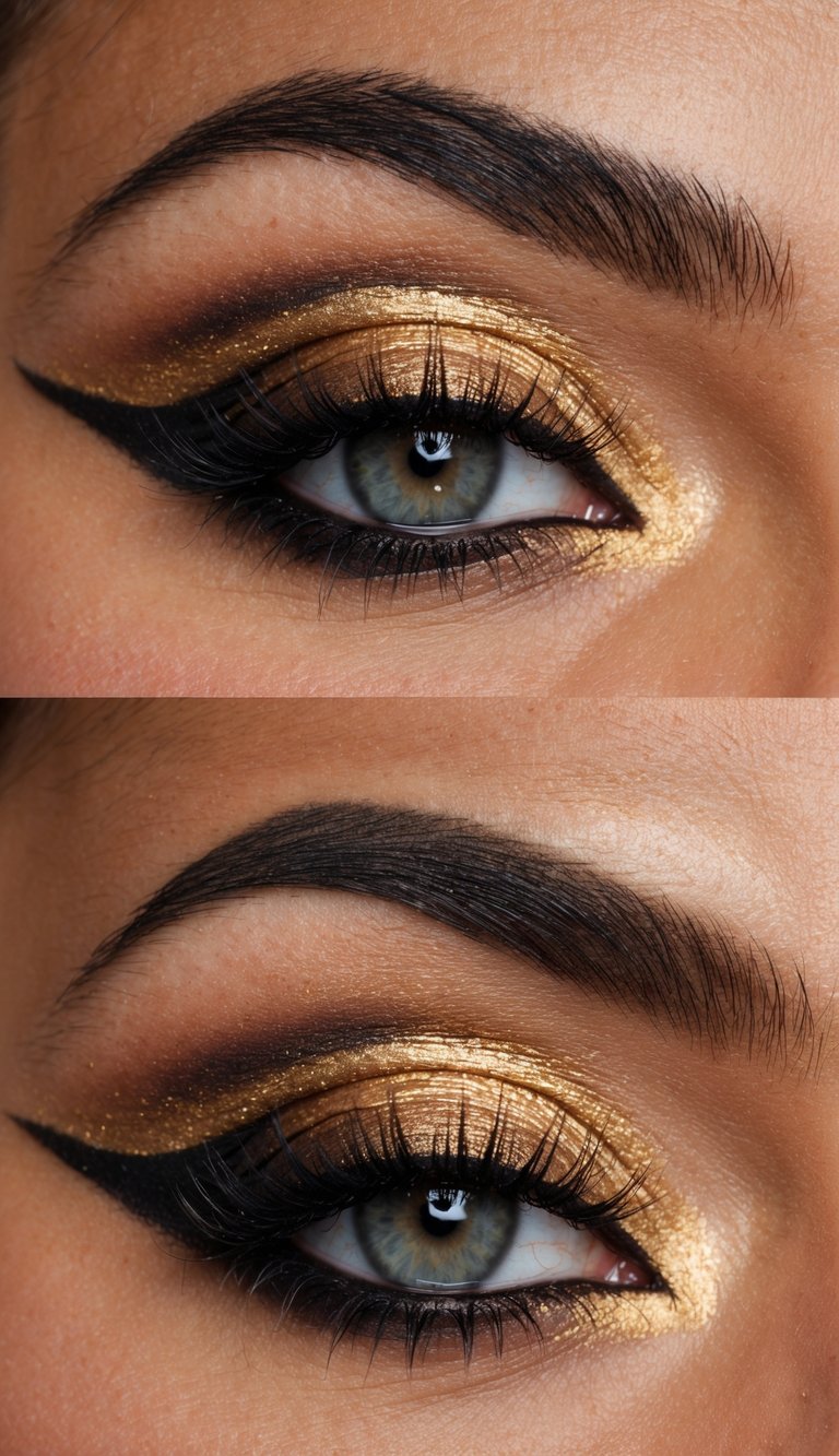 Close-up shot of an eye styled with bold gold foil eyeshadow on the lids, deep brown smoky shading at the crease, and intense black eyeliner for a high-impact glam look.