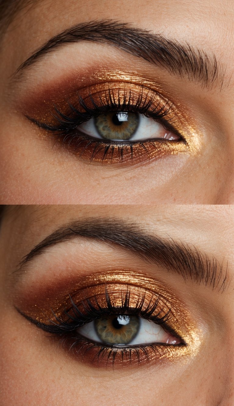 A close-up of gilded lids with a rustic red 50 gold smokey eye makeup look, exuding sultry and sophisticated vibes