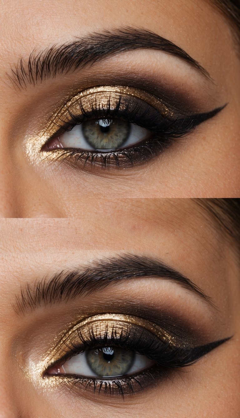 Detailed view of an eye with molten gold eyeshadow on the lid, smoky espresso hues blended through the crease, and sharp black eyeliner shaping a high-drama smokey look.