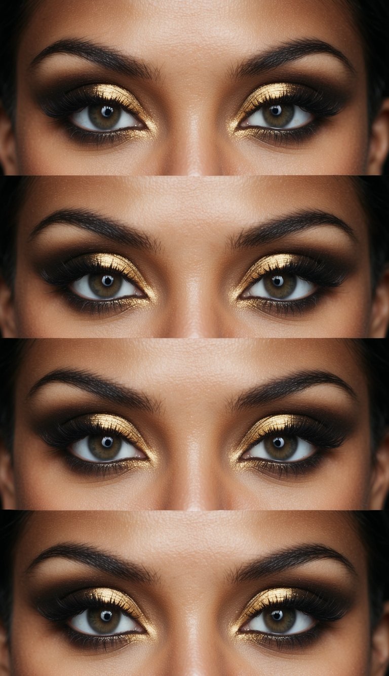 A dimly lit catwalk with gold and smokey hues, showcasing sultry and sophisticated eye makeup