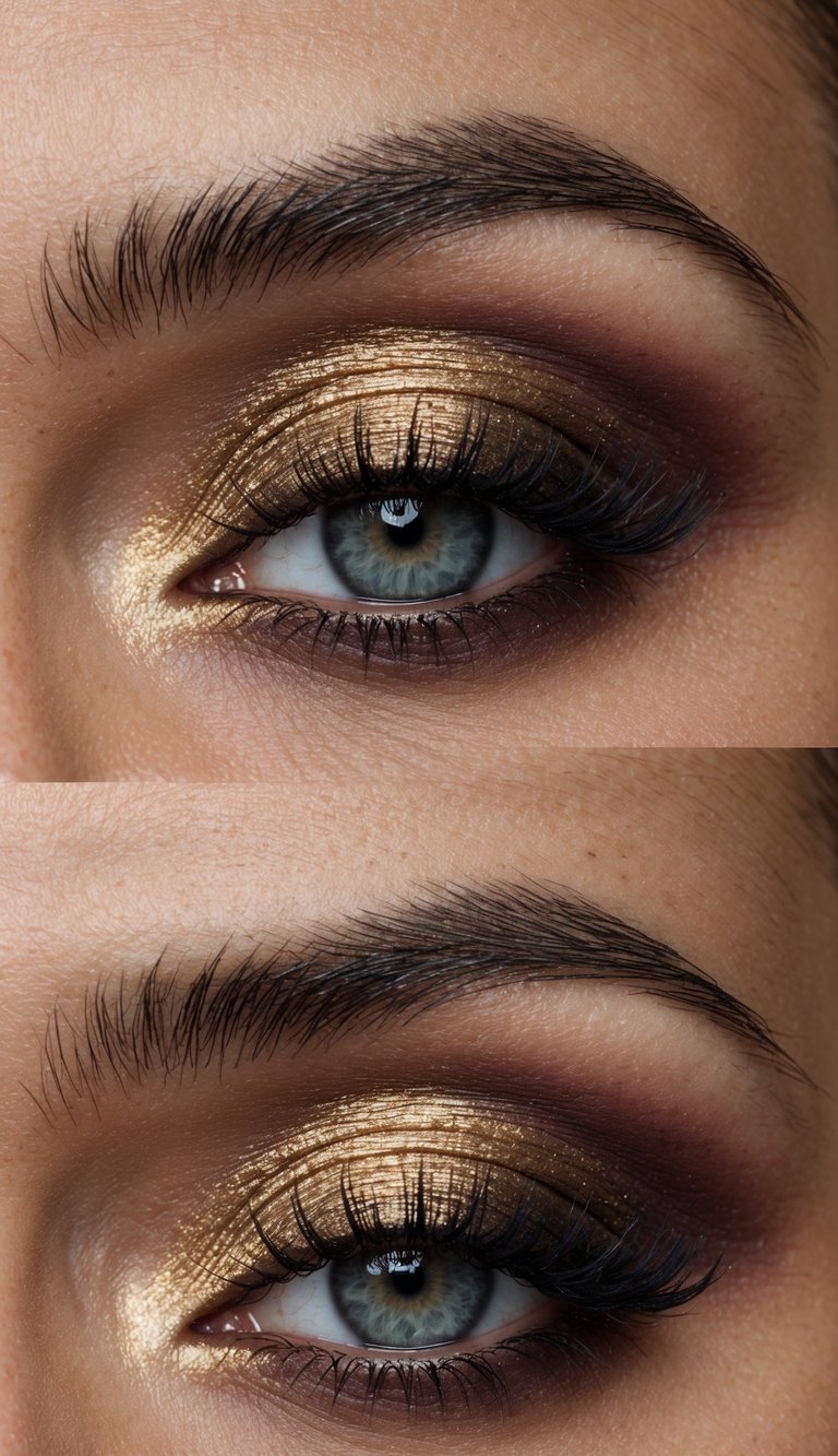 A close-up of a subdued gold and berry-toned smokey eye makeup look, exuding sultry and sophisticated vibes