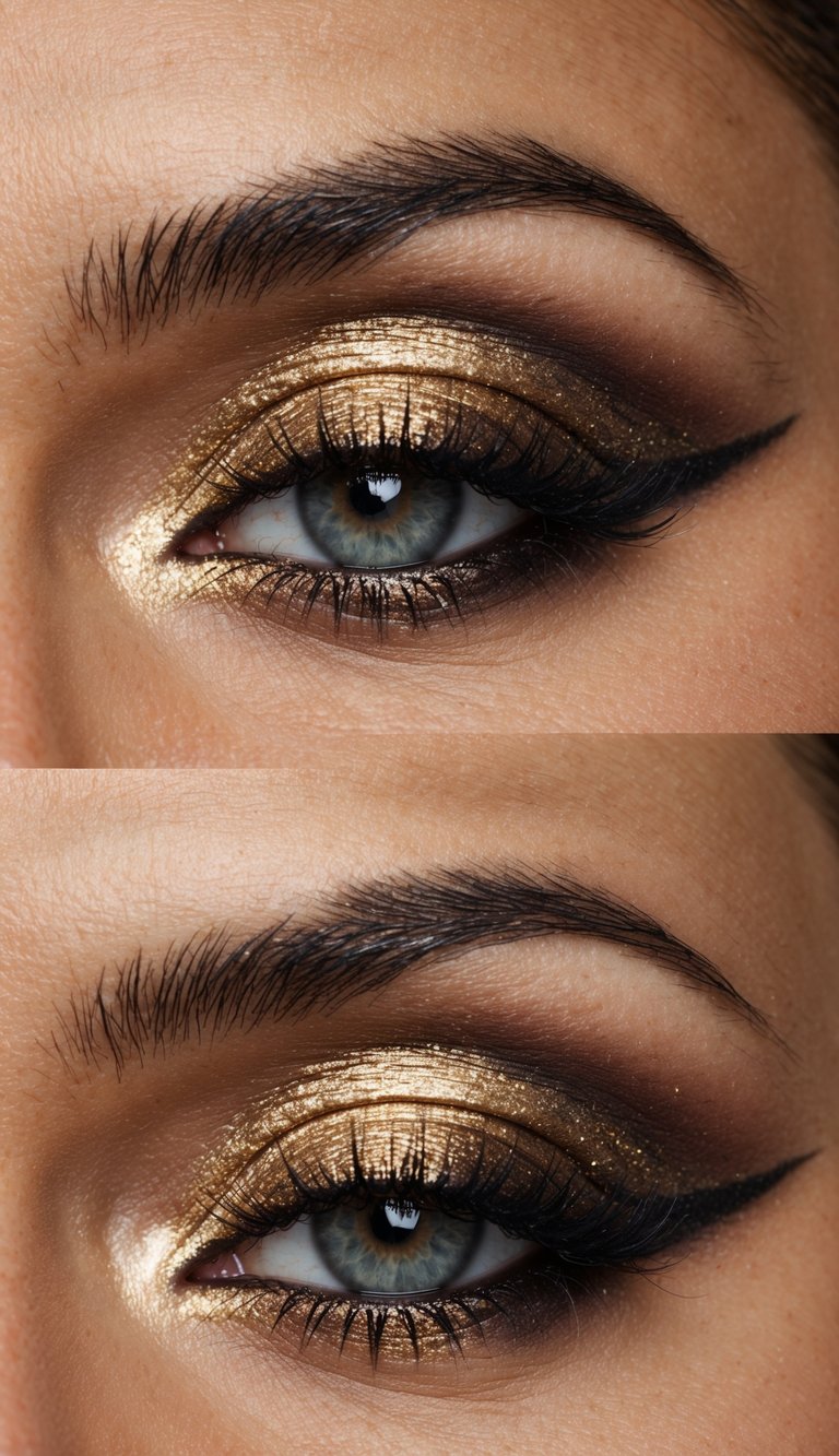 A close-up of a sultry and sophisticated gold smokey eye makeup look, with a focus on the intricate blending of colors and shimmering textures