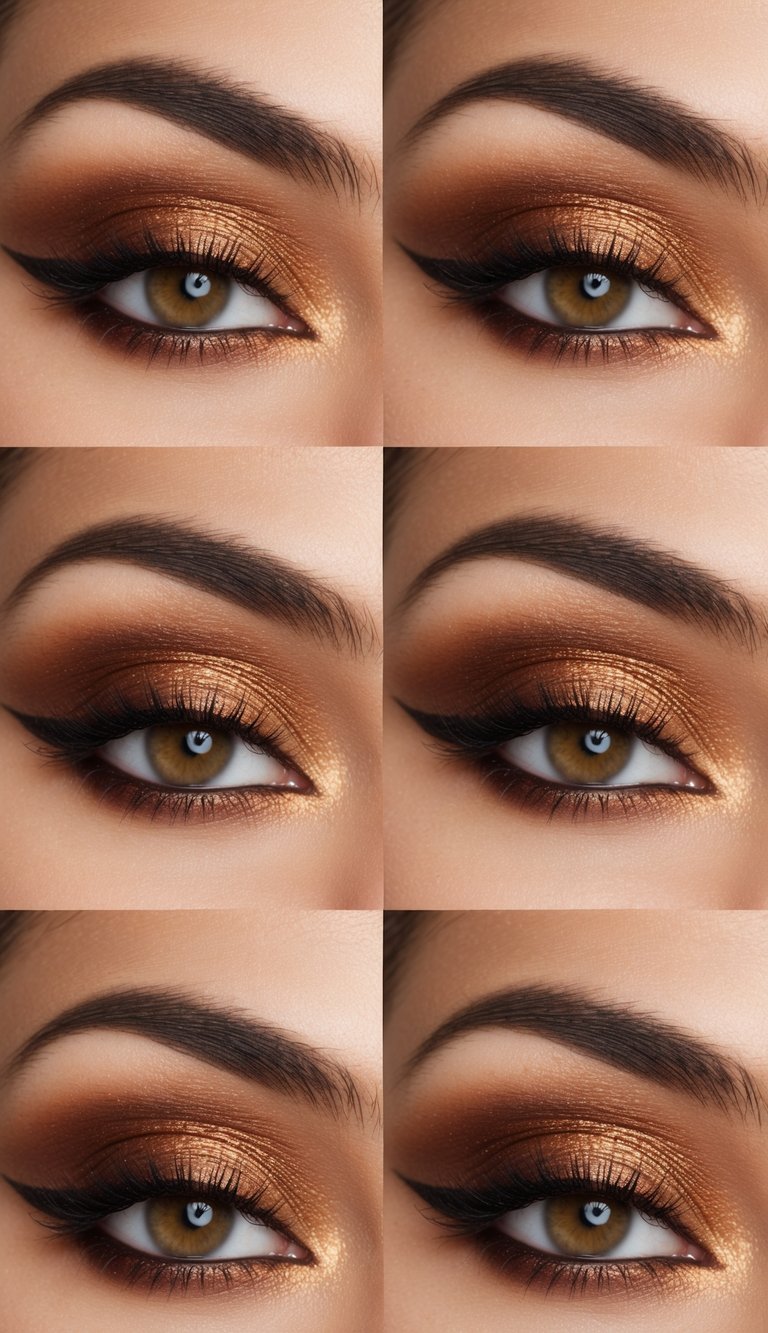 Warm golden hues with rosy cheeks, showcasing sultry and sophisticated smokey eye makeup